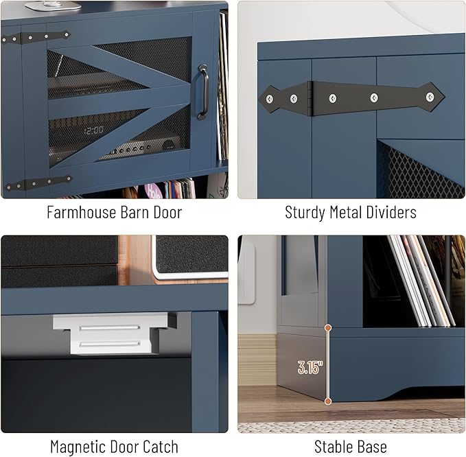 Large Record Player Stand with Vinyl Storage, 500+ Vinyl Record Storage Cabinet, 47 Inch Record Player Table with Power Outlet, Farmhouse Wooden Turntable Stand for Living Room, Blue