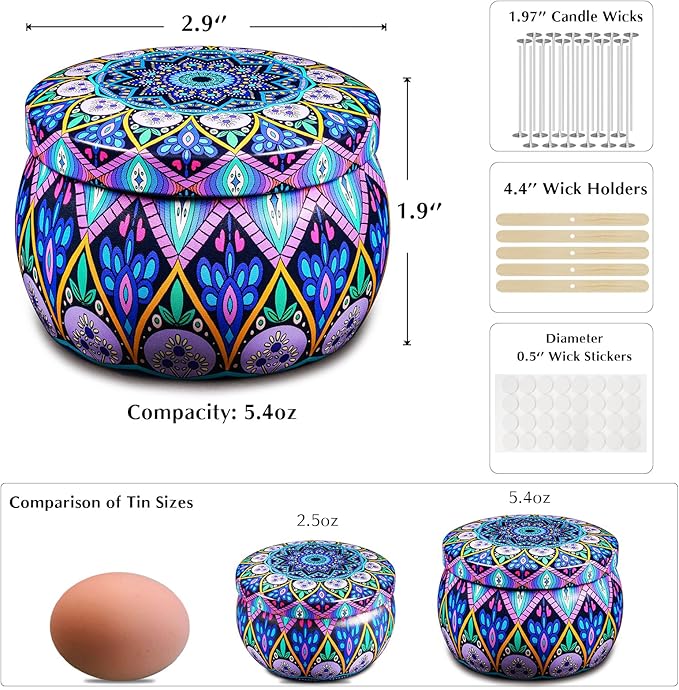Domivirgo 24 Empty Candle Tins 5.4 oz with Lids - Simple Candle-Making Kit, Includes Wicks, Holders & Stickers, Multi-Purpose Storage Containers for Crafts & Small Items