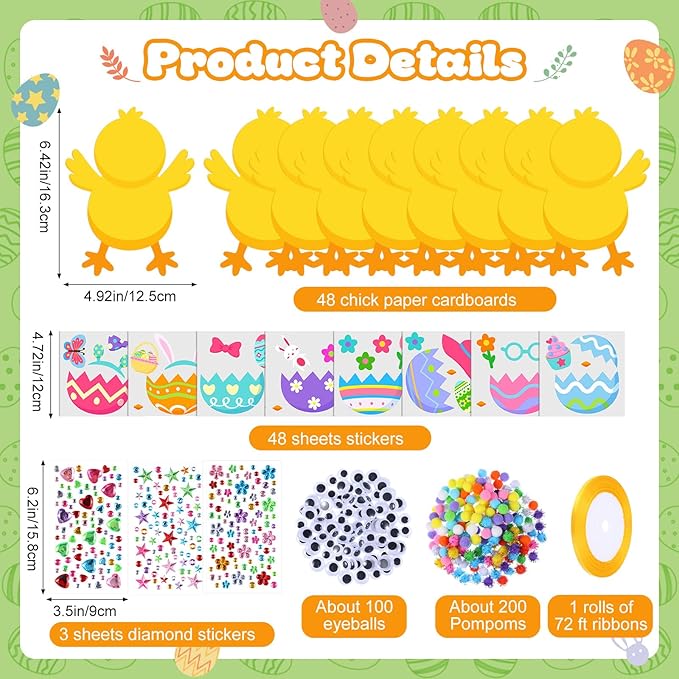 Funrous 48 Sets Easter Crafts Kit Easter Egg Chick Paper Crafts DIY Make Your Own Chick Hanging Ornaments Decorations with Pompoms Diamond Stickers Spring Classroom Activity Arts Gifts Party Favors
