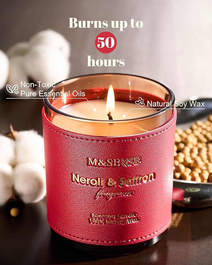 M&SENSE Neroli Saffron Vegan Soy Candles, Non Toxic 10oz 42-Hour Long Burning, Winter Aromatherapy Candle for Cozy Stress Relief, Housewarming New Year Gifts