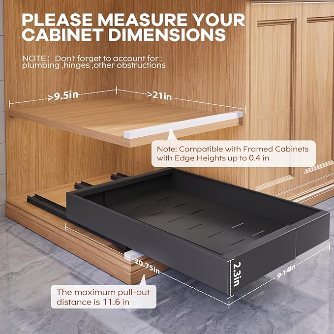 4 Pack Expandable (9"-14") Pull Out Cabinet Organizer 21" Deep With Raising Pad for Framed Cabinets,Upgrade 3 Slide Rails Slide Out Drawers,No Drill Roll Out Shelves Adhesive,Black