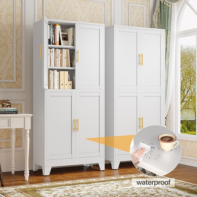 75" H Tall Kitchen Pantry Cabinet, Pantry Storage with Doors and 3 Adjustable Shelves, Metal Storage, Cupboard for Kitchen, White