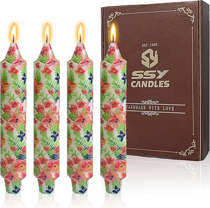 7 inch Short Candle Floral Candle Sticks Printed Candlestick Handmade Unscented Taper Candle 4 Pack Flower Tapered Candles for Home Dinner Wedding Holiday