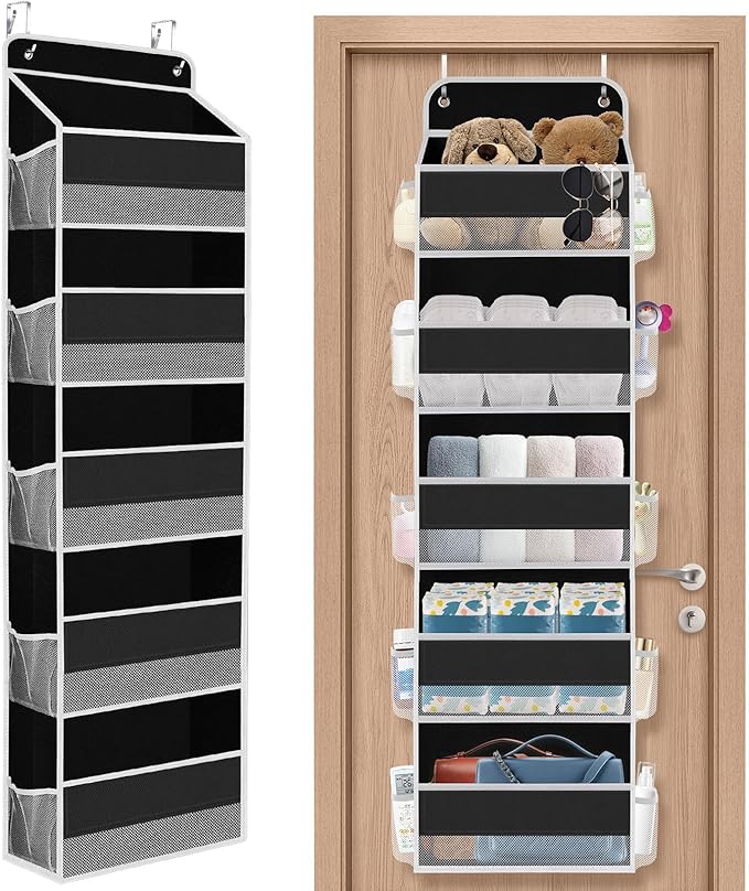 SpaceHacks 1 Pack Over The Door Organizer, Hanging Storage Organizer with Clear Window, 40lb Ultra Sturdy Large Capacity Room Organizer for Pantry Laundry Bathroom Nursery Closet (Black)