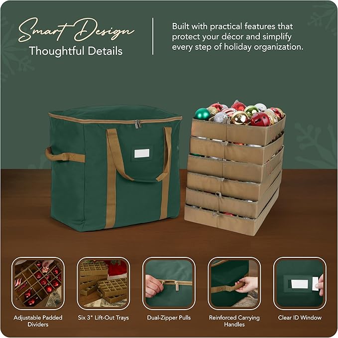 Covermates Keepsakes Adjustable Ornament Storage Bag – Heavy-Duty Polyester, Padded Dividers & FlexGrid Trays – Protective Holiday Ornament Organizer with Handles & Label Window, Green