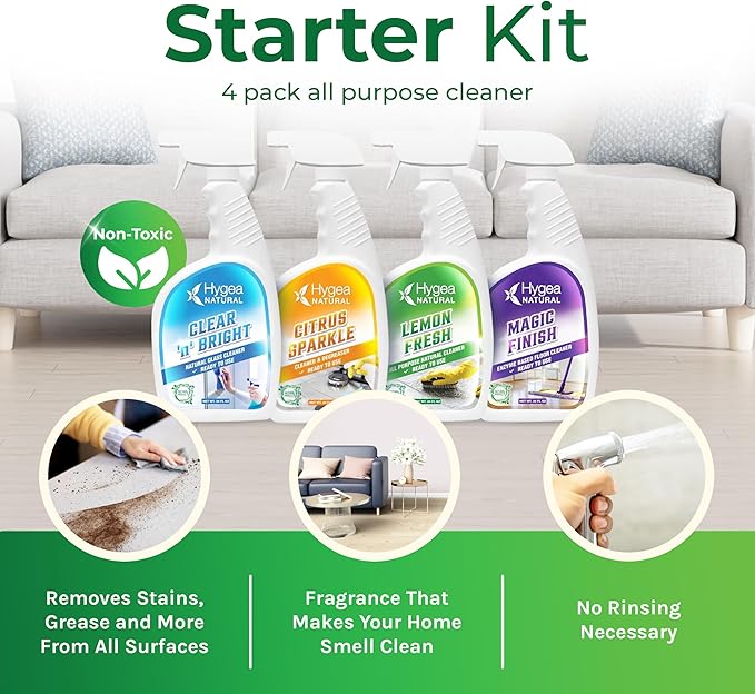 Hygea Natural Cleaning Supplies Kit All Purpose Cleaners, Citrus Degreaser, Floor and Tile Cleaner, Window, Glass and Mirror Cleaner- No Harsh Chemicals, Family safe - 4 Pack 24 oz Sprays