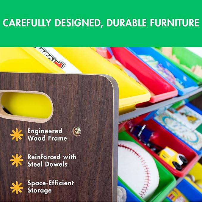 Humble Crew Supersized Toy Storage Organizer with 16 Removable Bins, Walnut/Primary – Large Toy Storage for Toddlers Ideal for Kids' Rooms, Playrooms, and Nurseries - Modern Toy Bins for Kids