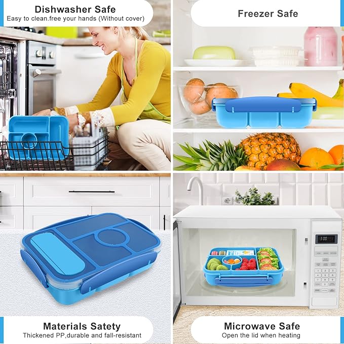 Lunch Box Kids,Bento Box Adult,Lunch Containers for Adults/Kids/Toddler,5 Compartments Bento Lunch Box with Sauce Vontainers,Microwave & Dishwasher & Freezer Safe,BPA Free(Blue)