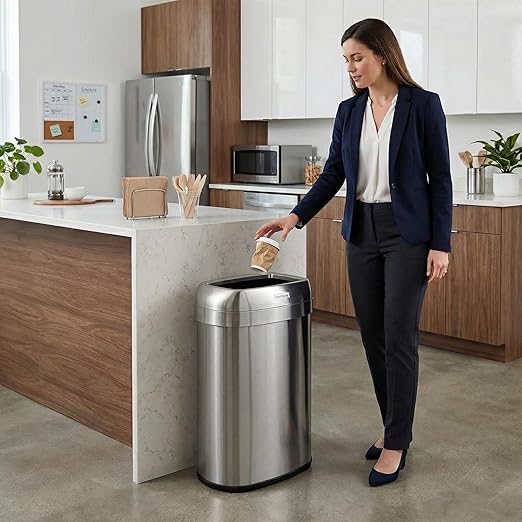 iTouchless 13 Gallon Oval Open Top Trash Can and Recycle Bin with Double AbsorbX Odor Filters, Space-Saving Large Capacity Commercial Grade for Home, Office, Garage, Business, Stainless Steel