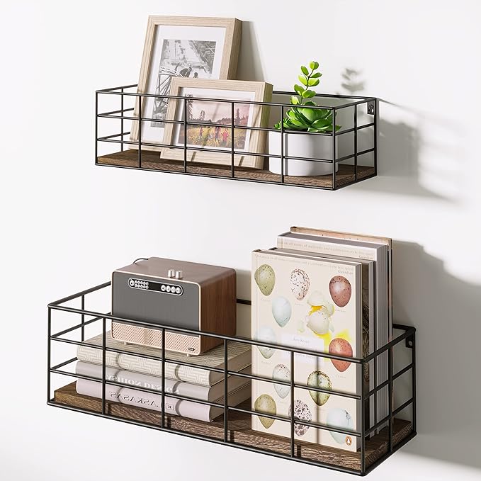 Fixwal Wall Shelves, 4 Sets of Hanging Floating Shelves, Wall Mounted Shelves for Storage, Hanging Storage Shelf for Bathroom, Living Room, Bedroom, Kitchen (Paulownia)