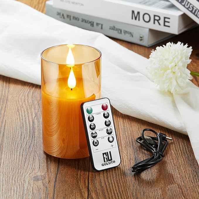 Rechargeable Battery Operated Flickering Flameless Candles with Remote and Timer, led Candle with 3D Wick Last 1000+ Hours Real Wax Electric Candles Pillar Candle for Home, Gold Glass 3" x 5"