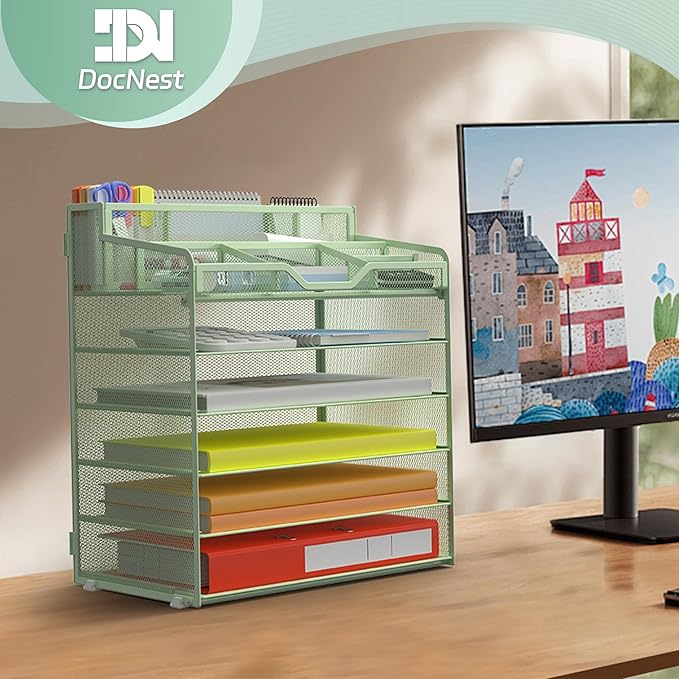 Docnest 6 Tier Mesh Desk Organizer for Paper Office Supplies – Multi-Functional Letter Tray with 5 Adjustable Compartments, 6 Pen Holders, Desktop Storage for Files, Mail, Stationery – Green