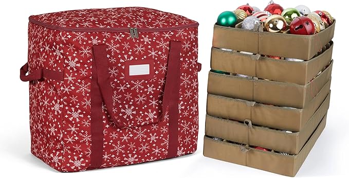Covermates Keepsakes Adjustable Ornament Storage Bag – Heavy-Duty Polyester, Padded Dividers & FlexGrid Trays – Protective Holiday Ornament Organizer with Handles & Label Window, Red Snowflake