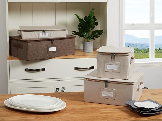 Covermates Dish Storage Box – China & Dinner Plate Storage Container with Dual Zippers, Reinforced Handles, ID Window & Stackable Structured Walls for Dishware Organization, Beige Heather