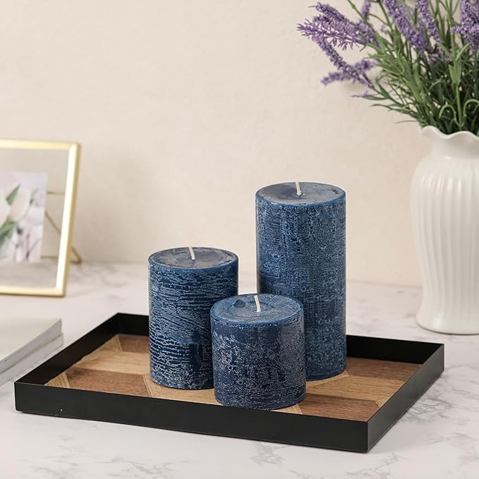 3x6 Inch Dark Blue Pillar Candles Set of 3 - Hand-Poured Unscented Candles, Long Clean Burning, Navy Blue Candle, Smokeless Dripless Candle for Dinner Table, Wedding, Home, Rustic Decor