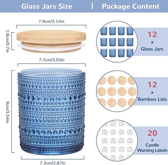 DARJEN 12 Pack Blue Candle Jars for Making Candles- 8 OZ Empty Glass Candle Making Jars with Bamboo Lids and Labels, Candle Making Supplies Candle Containers for DIY Gifts