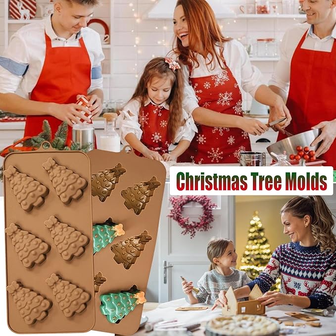 2 Pack Christmas Tree Silicone Candy Molds, 6 Cavities 3D Christmas Chocolate Molds with Bowknot Shape Design Non-Stick Holiday Silicone Mold Kit for Home Indoor Baking, Soap Making, Candle Resin