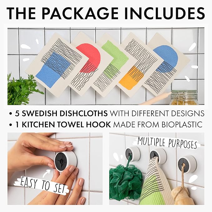 SUPERSCANDI 5 Pack Swedish Dishcloths for Kitchen - 100% Biodegradable & Compostable | Reusable Paper Towels Washable, Food-Safe & Without Plastic - Dish Rags Suitable for Any Surface | Abstract Print