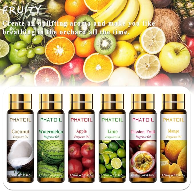 PHATOIL 9Pcs Fruity Fragrance Oil Gift Set, 10ml/0.33fl.oz Fragrance Oils for Soap, DIY Candle, Bath Bombs Making, Fruit Scented Oils for Diffusers for Home