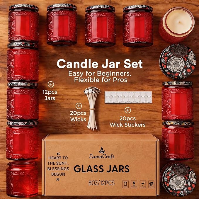 LumaCraft Luxury Embossed Glass Candle Jars for Making Candles - 12 Pack Empty Candle Containers with Airtight Metal Lids, 20 Wicks & 20 Stickers, Colored Glass Jars for Gifts & Decor-8OZ/Red