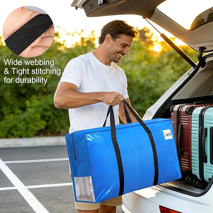 3Pcs Extra Large Heavy Duty Moving Bags with Reinforced Zippers & Handles, 67L Waterproof Storage Tote Bag Bins Alternative to Box Moving Supplies Space Saving for Travel College Dorm Essentials Blue