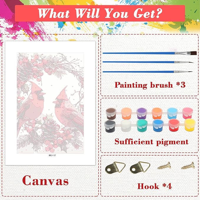 Skyboda Cardinal Paint by Numbers Kit for Adults Beginners with Frame, Christmas Adult Paint by Number Kits on Canvas, Easy DIY Oil Painting Kits for Home Decor, 8x12in