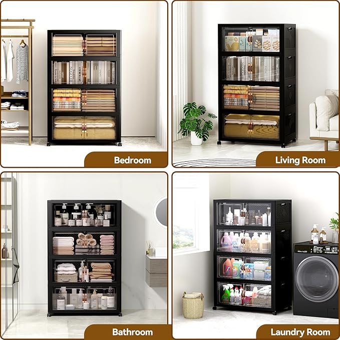 SAILUN 674QT/168Gal Stackable Storage Bins with a Lid, Collapsible Storage Bins With Doors, Folding Cabinet for Home Closet Organization,4 Pack-30 W x 19.7" D x 65.9" H Black