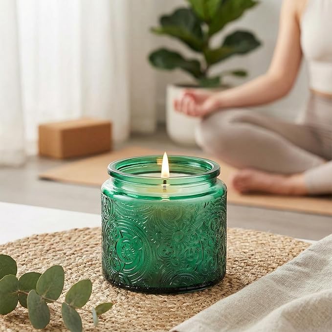 9-Pack 10 oz Sun Moon Star Embossed Glass Candle Jars with Mirror Lids and Labels - Unique Green Candle Containers with Lids for Candle Making