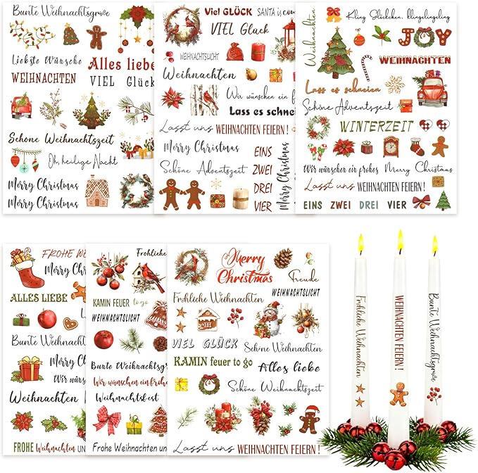 6 PCS Candle Tattoos Christmas, Christmas Tattoos for Candles, Santa, Reindeer, Snowflake, Xmas Tree Water Transfer Decals