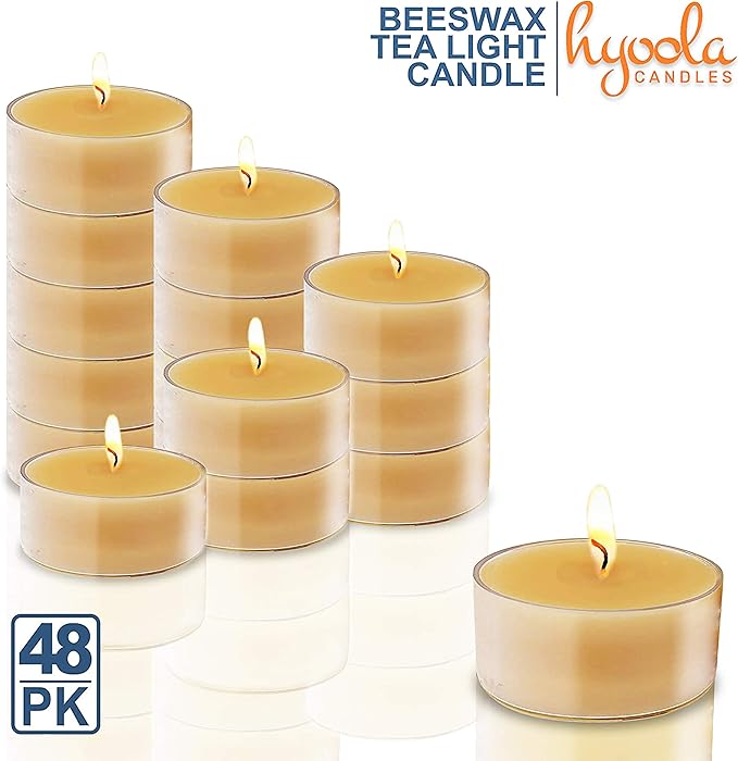 Hyoola Pure Beeswax Tea Lights, Handmade Decorative Unscented, Tealight Candles, 4 Hour Burn Time, Clear Cup (Pack of 48)