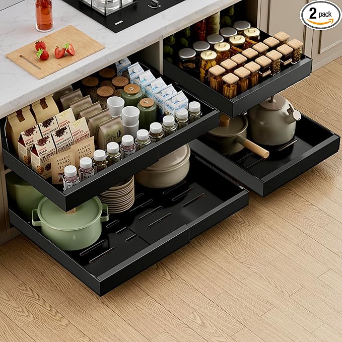 PAKETA 2 Pack Expandable Pull Out Cabinet Organizer, 21'' Deep Pull Out Drawers for Cabinet, Upgrade 3 Slide Rails Sliding Drawer for Cabinets with Adhesive Nano Film (Black, 21"D X 12-20"W)
