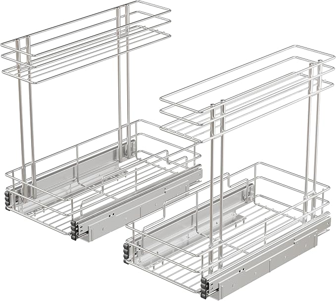 Under Sink Organizer 9" W X17 D, Pull Out Cabinet Organizer 2 Tier, Under Sink Slide Out Chrome Plated, Under Kitchen Bathroom Sink Organizer, Pantry Cabinet Closet Organization Rack, 2 Pack