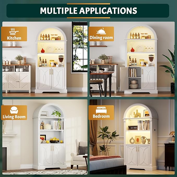 Vlsrka 71" Tall Arched Cabinet, Kitchen Pantry Cabinets, Arched Bookshelf/Bookcase,China Cabinet, Wood Kitchen Storage Cabinets with Open & Adjustable Shelves, Induction 3 Color Lights, White