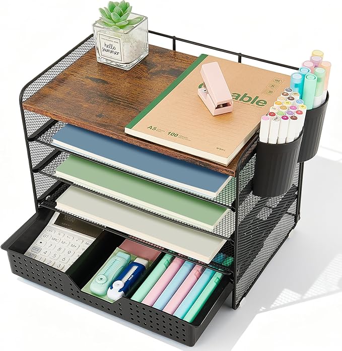 LEKETREE Desk Organizers and Accessories, 5-Tier Paper Letter Tray Organizer with Drawer & 2 Pen Holders, Desktop Organizer for Office Supplies (Wood)