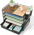 LEKETREE Desk Organizers and Accessories, 5-Tier Paper Letter Tray Organizer with Drawer & 2 Pen Holders, Desktop Organizer for Office Supplies (Wood)
