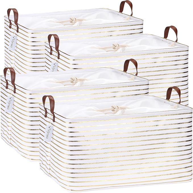 Hinwo 70L Extra Large Storage Bins, 4-Pack Closet Organizers and Storage, Foldable Clothes Storage Baskets with Handles, Containers for Clothing, Blanket, Comforters, Toys, Bedding (Gold Stripe)