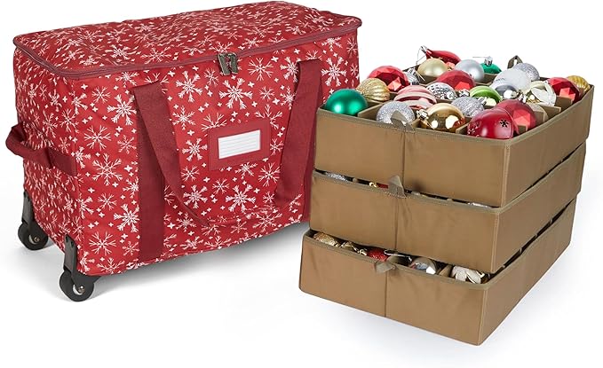 Covermates Keepsakes Rolling Adjustable Ornament Storage Bag – Heavy-Duty Polyester, FlexGrid Trays & Padded Dividers – Protective Holiday Organizer with Wheels, Handles & ID Window, Red Snowflake