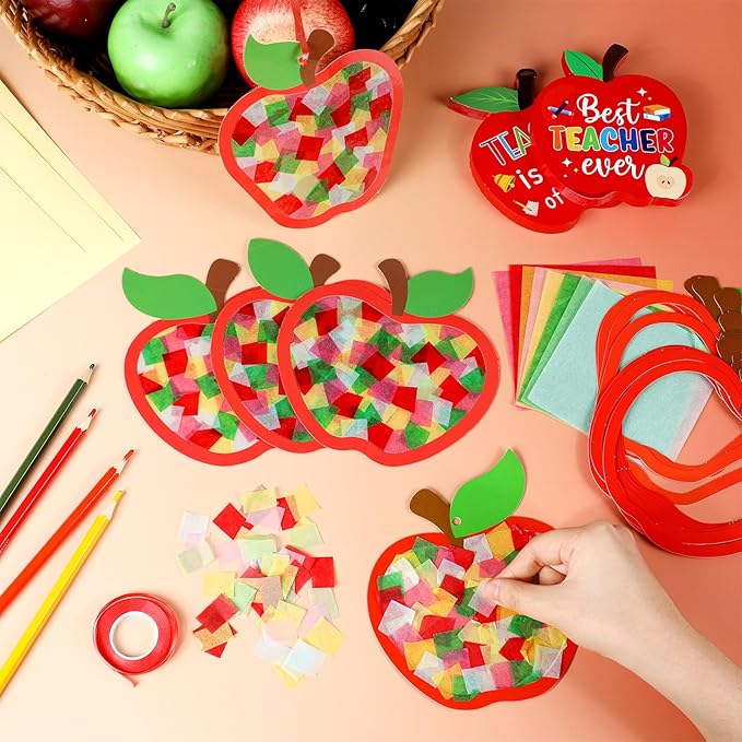 Qyeahkj 36 Set Fall Apple Suncatchers Crafts for DIY Autumn Apple Window Tissue Paper Craft Kit Hanging Decor for Back to Home Activity Art Project Birthday Party Favor Gift