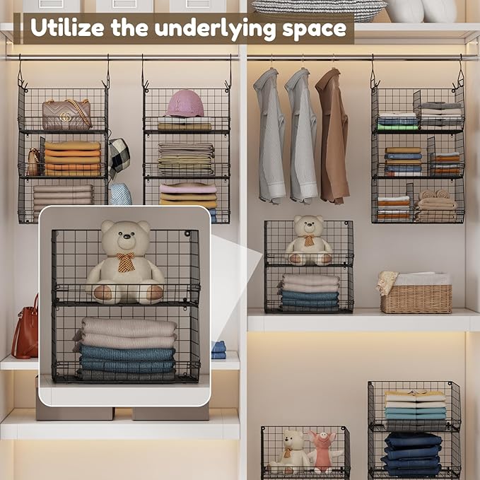 Jautokerdar 4 Tier Hanging Closet Organizer with Dividers,Extra Large Storage Hanging Shelf with 5 S Hooks 4 Dividers,Hang on Wire Closet Shelving Clothes Organizer-Black