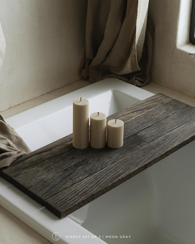 LAWA Roman Handmade Tall Ribbed Pillar Candle - Beautiful Scented Soy Wax Dinner Candle | Classic Aesthetic Decoration Set | Housewarming Gift | Home Room Shelf Decor Idea - Olive Beige (Set of 3)