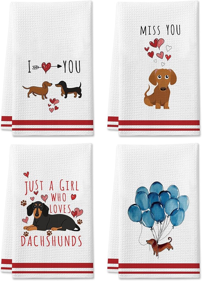 DETIHO Dachshund Gifts for Women, Weiner Dog Lover Kitchen Gifts for Women, Cute Kitchen Towels Decorative Set 16x24 Inches Set of 4, Hand Tea Towels for Kitchen Dish (A06)