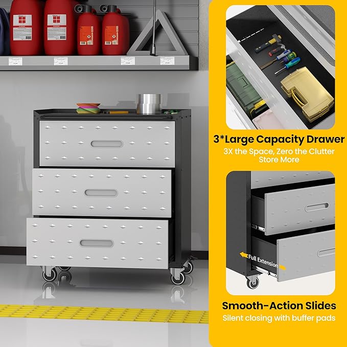 Garage Storage Cabinets with Wheels, Locking Metal Storage Cabinets with 3 Drawers, Easy Assembly Rolling Tool Cabinet for Garage, Basement,Warehouse