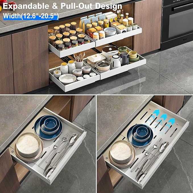 2 Pack Pull Out Cabinet Organizer, Expandable Slide Out Drawers for Kitchen Cabinets Peel and Stick Pullout Drawer Heavy Duty Sliding Shelves for Cupboard, Pantry, Bathroom(16.5" Deep, White)