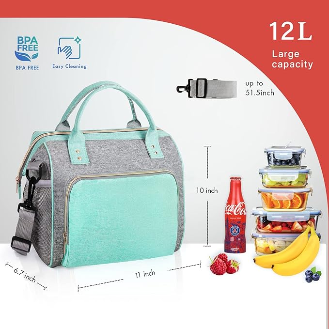 IDEATECH Large Insulated Lunch Bag for Women -12L Adult Lunch Box Wide Opening with Shoulder Strap - Leakproof Cooler Tote Bag for Office Work, Picnic & Travel, Cute Gifts for Women, Mom (Teal)
