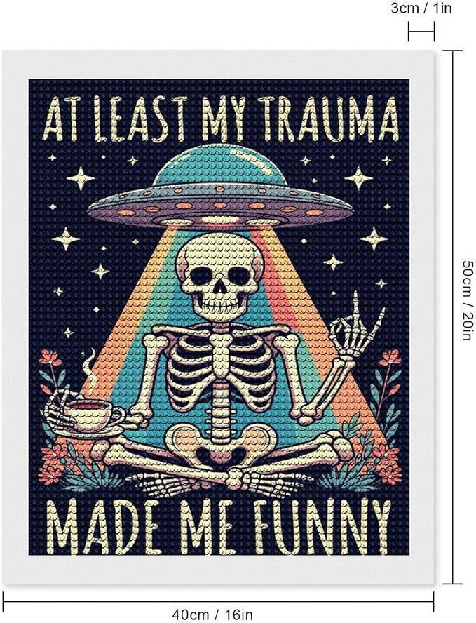 KIVJMSIDJA Diamond Art Kits for Adults Skull Skeleton “At Least My Trauma Made Me Funny” DIY Round Diamond Art for Home Wall Decor & Crafts Gifts 16"x20"