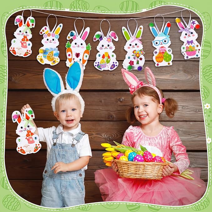 Funrous 48 Sets Easter Crafts Kit Easter Bunny Paper Crafts DIY Make Your Own Rabbits Hanging Ornaments Decorations with Pompoms Diamond Stickers Spring Classroom Activity Arts Gifts Party Favors
