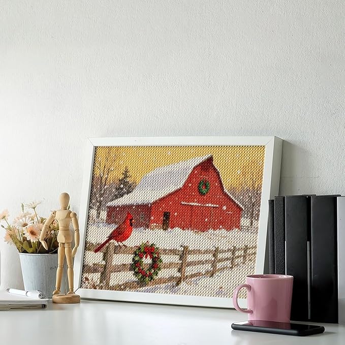AIVKIEJK Diamond Painting Kits for Adults - Christmas Winter Cardinal, Red Barn Scene Painting DIY 5D Full Drill Diamond Dots Paintings with Diamonds Gem Art and Crafts Home Decor 12"x16"