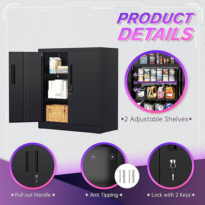 Superday 36" Metal Storage Cabinet, Black Garage Storage Cabinets with Locking Doors and Adjustable Shelves, Steel Lockable Cabinets, Tool Cabinet for Home Office, Garage, School