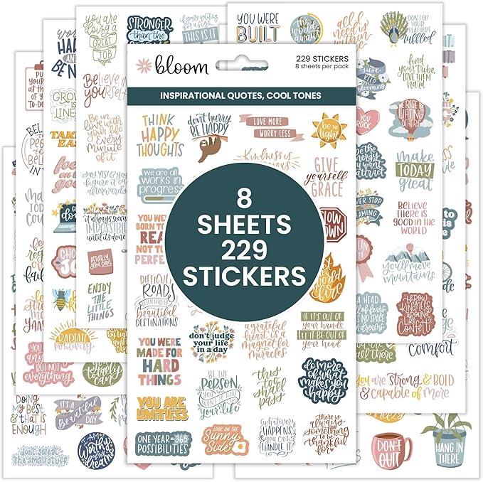 bloom daily planners Inspirational & Motivational Quotes Planner Stickers (8 Sheets / 200+ Stickers) - Hand-Lettered Positive Cute Aesthetic Quotes for Decorating, Planning, Scrapbooking - Cool Tones