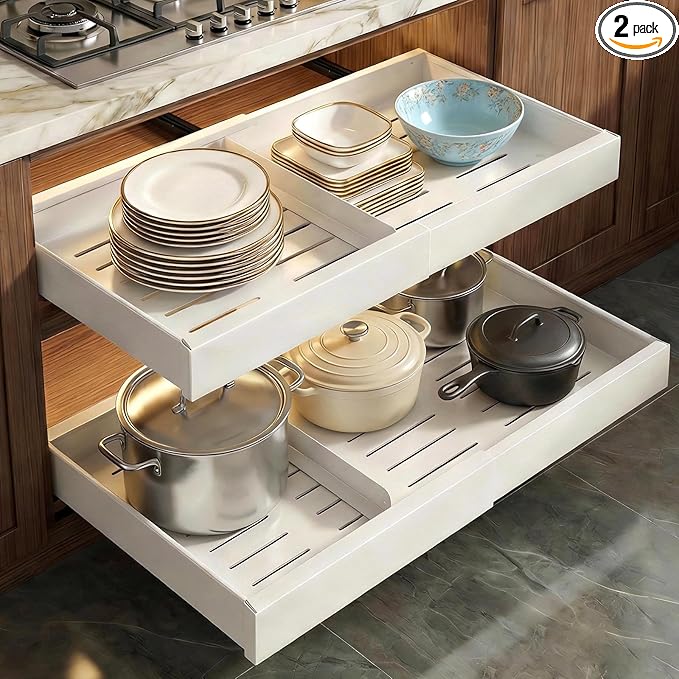 2-Pack Expandable Pull Out Drawers for Cabinets, 21" Deep Each, Adjustable 12–20" Width – Magnetic Dividers, Optional Riser, Heavy-Duty 3-Rail Glide, No-Drill Roll-Out Shelf Organizers, White